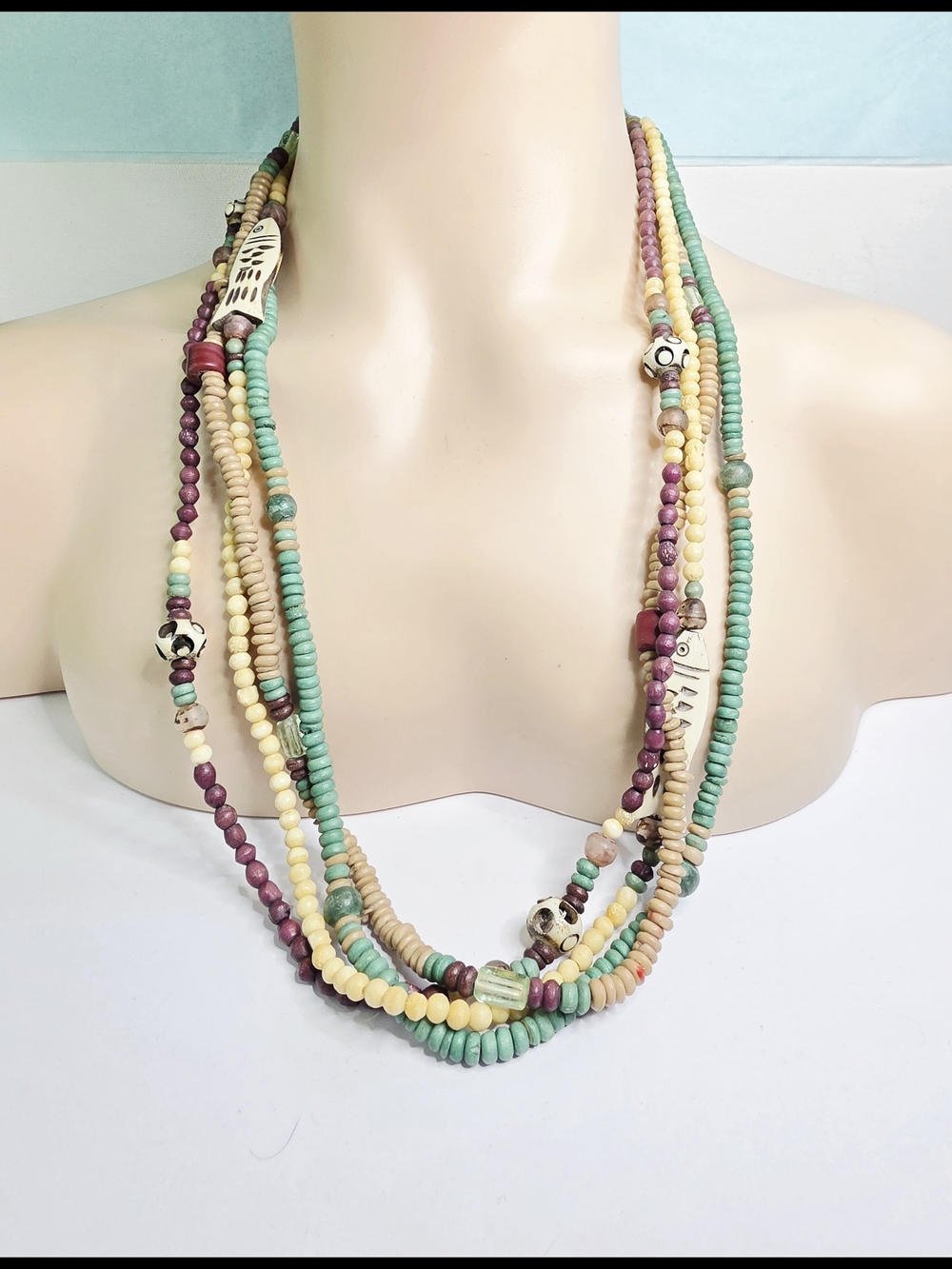 Vintage Boho Plum Green Cream Carved Fish Beaded Necklace Brass Hook Closure